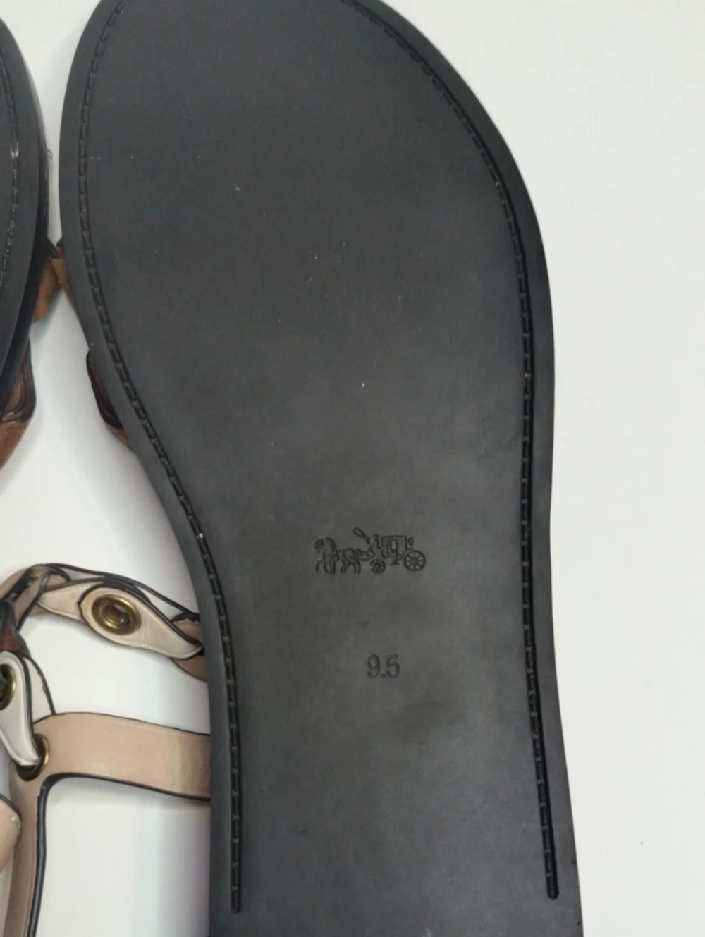 Coach G2087 Link Detail Leather Flat Sandals Brown White Beige Multi Size 9.5B